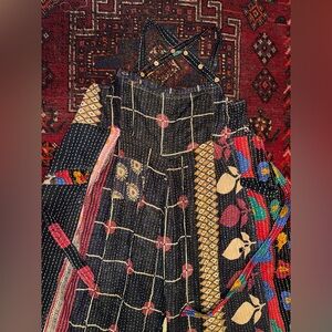 Kantha Bae Crossroad Kantha Overalls Free Size Black Geometric Roses Leaves NWT